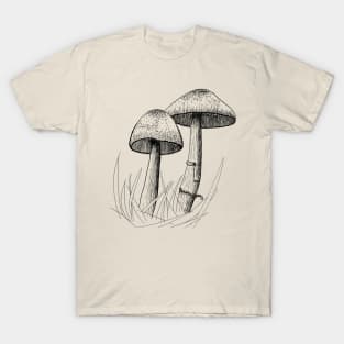 Woodland Wild Mushroom Fungi Black Ink Forest T-Shirt